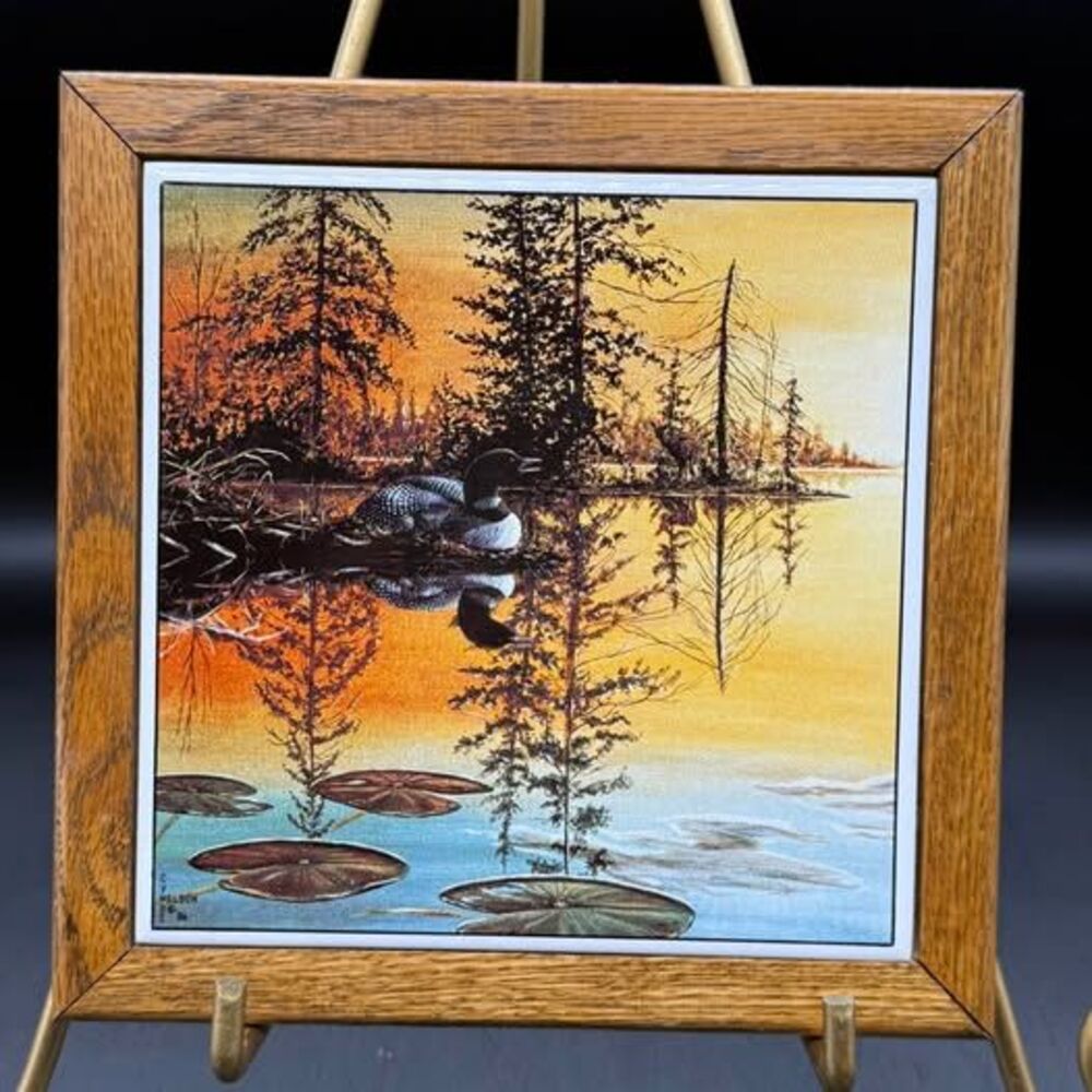 Cyndi Nelson Framed Loon Ceramic Tile Art